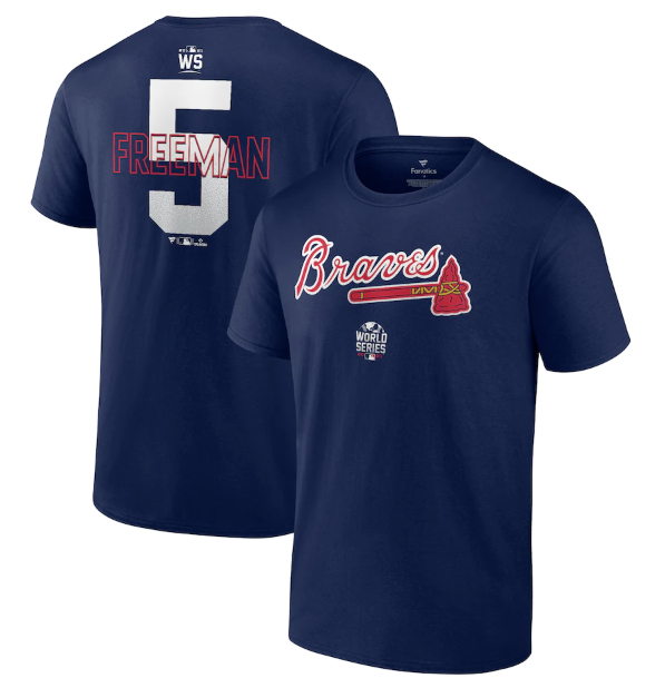 Men's Atlanta Braves #5 Freddie Freeman 2021 Navy World Series Bound Closer Name & Number T-Shirt Men's Atlanta Braves #5 Freddie Freeman 2021 Navy World Series Bound Closer Name & Number T-Shirt